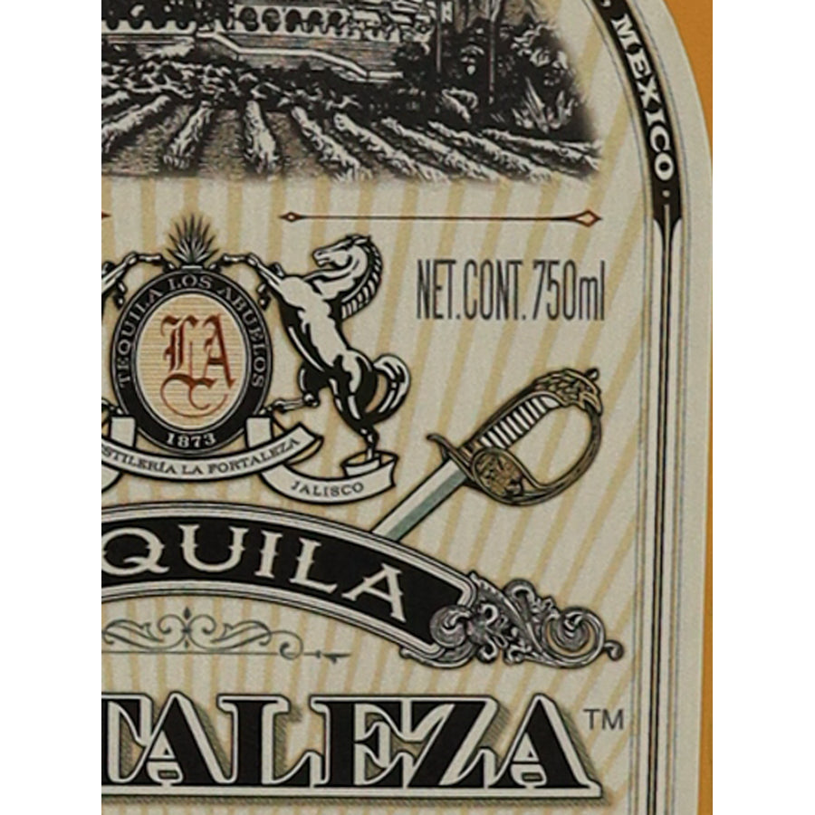 Fortaleza Anejo tequila, 750 ml volume marking