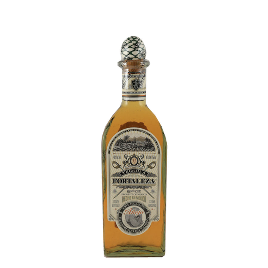 Fortaleza Anejo tequila, bottle front view