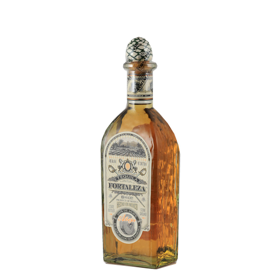 Fortaleza Anejo tequila, bottle viewed from the right