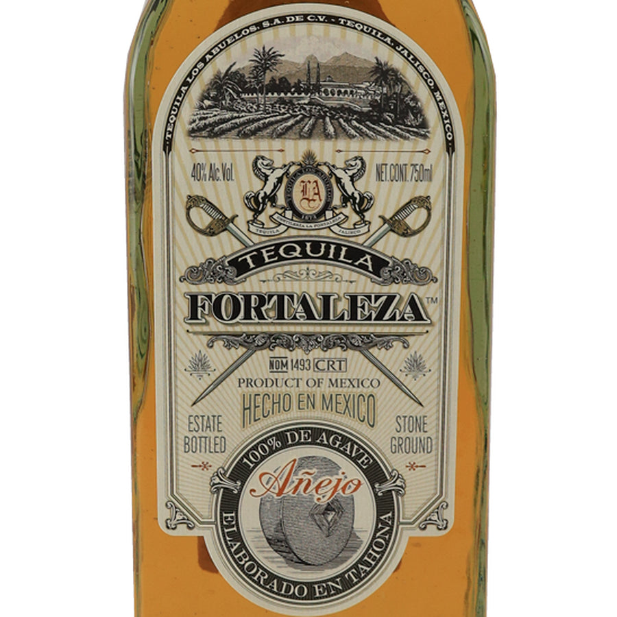 Fortaleza Anejo tequila, front label close-up