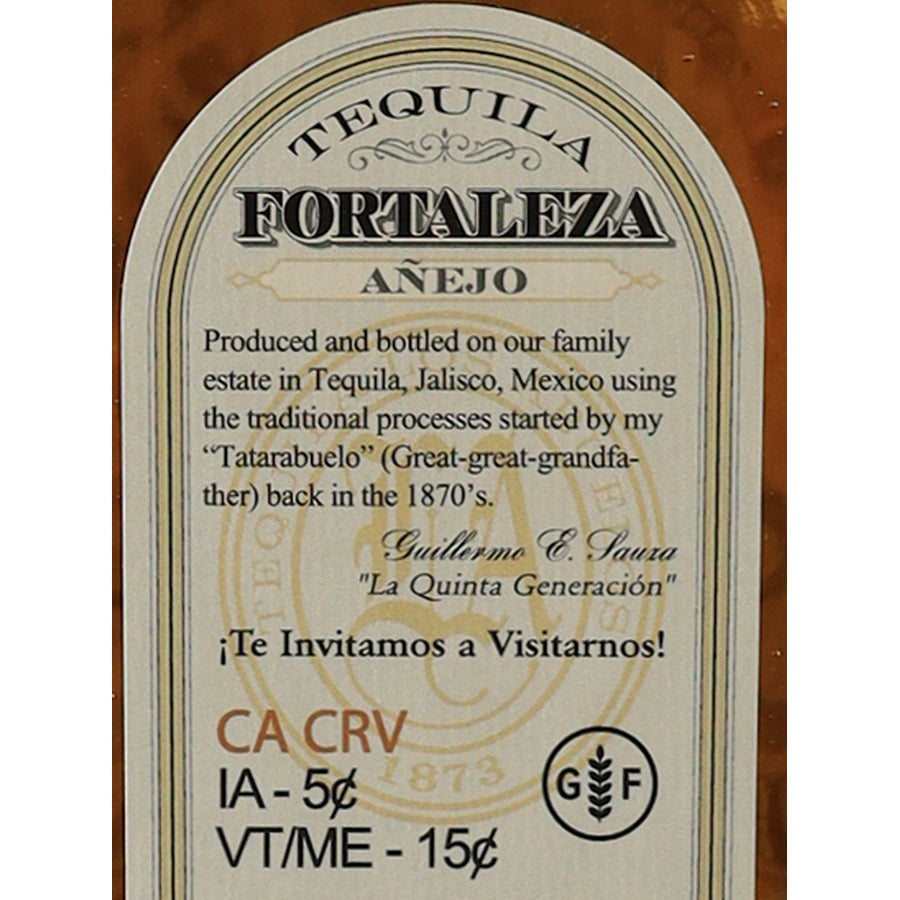 Fortaleza Anejo tequila, rear label with producer history