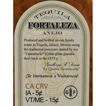 Load image into Gallery viewer, Fortaleza Anejo tequila, rear label with producer history