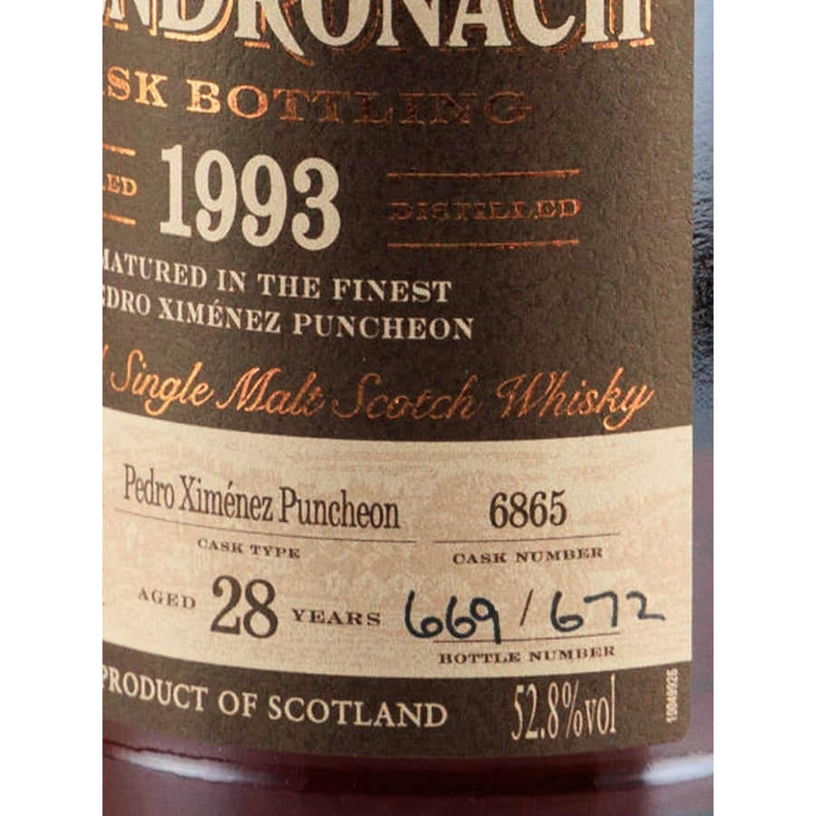 Glendronach 28 Year Old 1993 Cask 6865 52.8% 700ml - Cask 6865, bottle number and 52.8% ABV detail