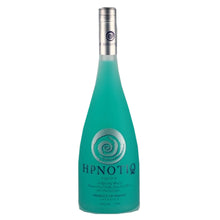 Load image into Gallery viewer, Hpnotiq 1 liter turquoise liqueur bottle with silver cap, front view