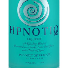 Load image into Gallery viewer, Hpnotiq liqueur front label showing French vodka, fruit juices, cognac and 17% ABV