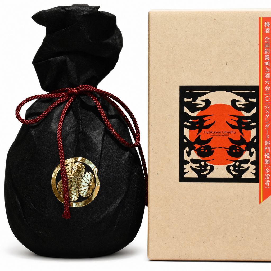 Hyakunen Umeshu Premium 720ml in a black cloth bag with red cord beside its presentation box