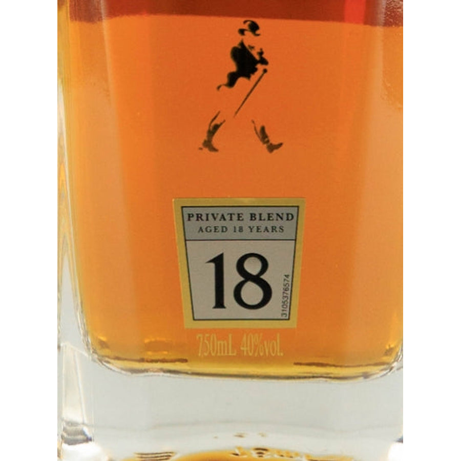 Johnnie Walker Platinum Label bottle detail showing the 18 year age statement and 750ml marking