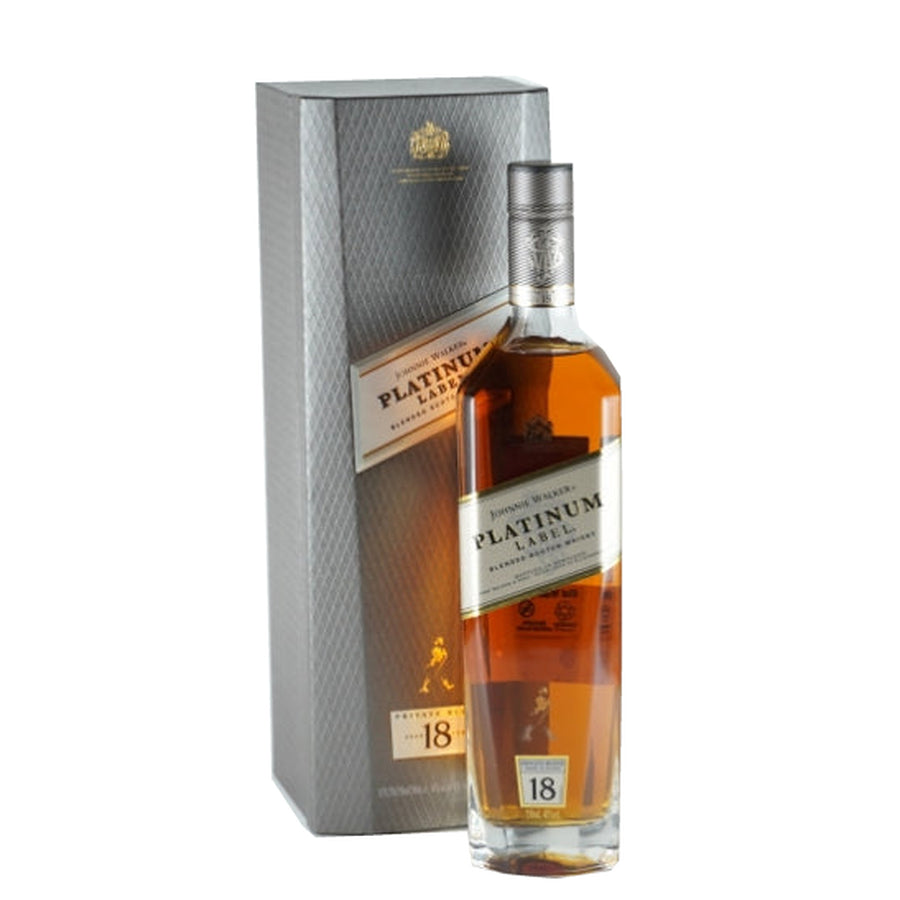 Johnnie Walker Platinum Label 18 Year Old bottle beside its silver presentation box