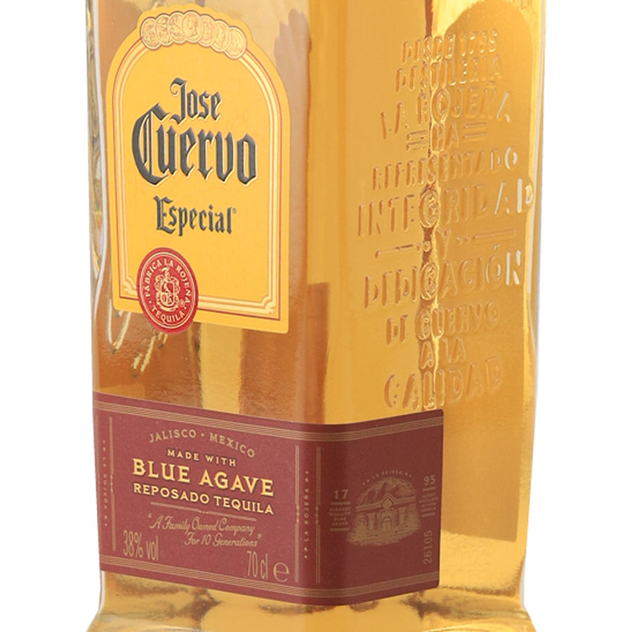 Jose Cuervo Especial Reposado tequila, embossed glass and right-side label