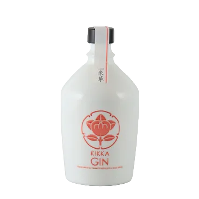 Kikka Gin Red Hanezu Japanese craft gin 700ml white bottle with red botanical emblem, front view