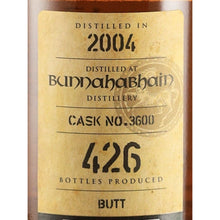 Load image into Gallery viewer, Kingsbury Gold Bunnahabhain 17 Year Old 2004 62.8% 700ml - Back label with cask number 3600 and 426 bottles produced