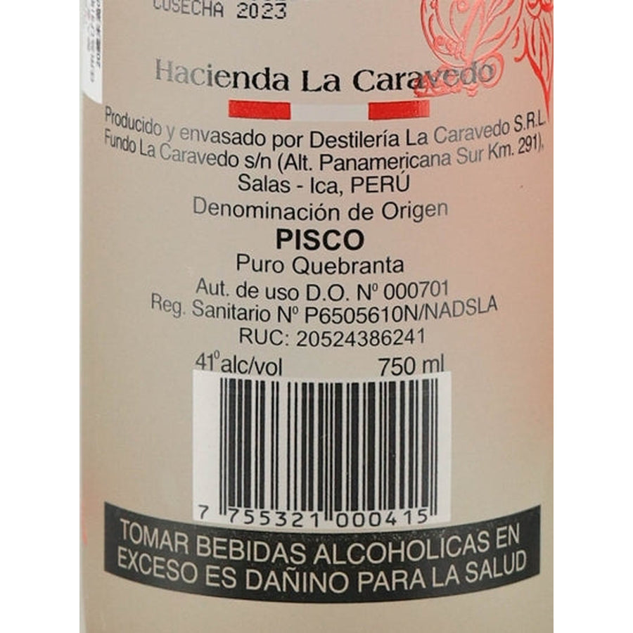 La Caravedo Pisco Puro Quebranta - back label and barcode