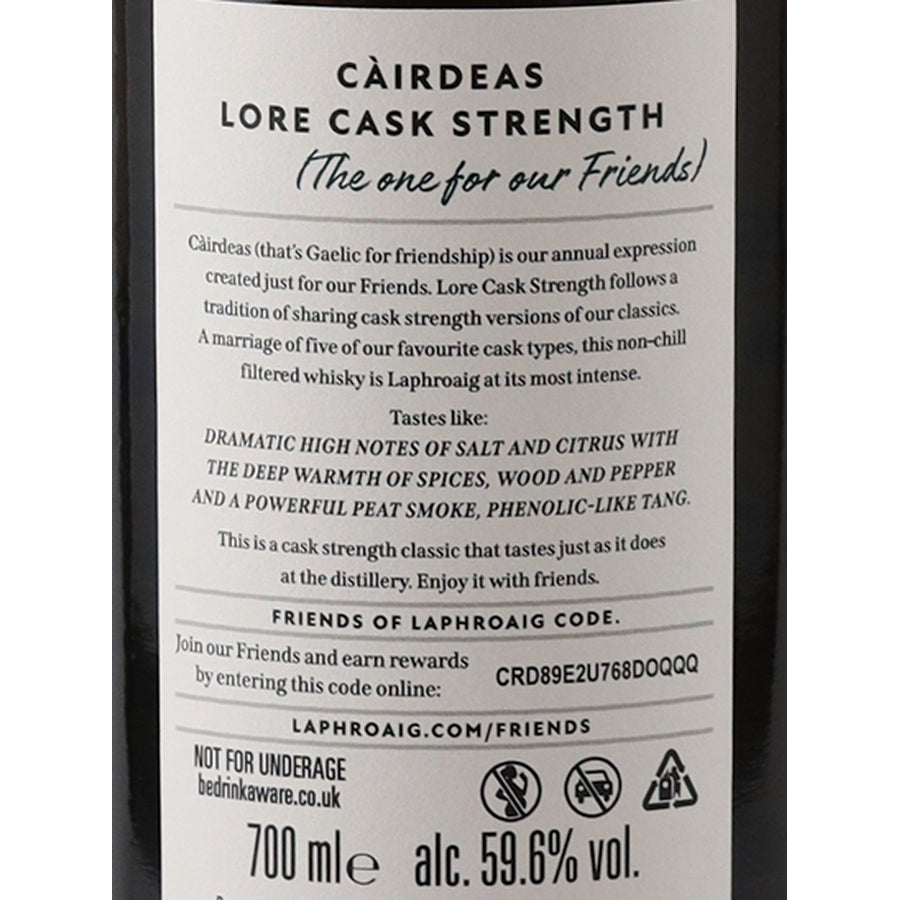 Laphroaig Cairdeas 2025 Lore Cask Strength 59.6% 700ml Islay Scotch whisky - back label tasting notes