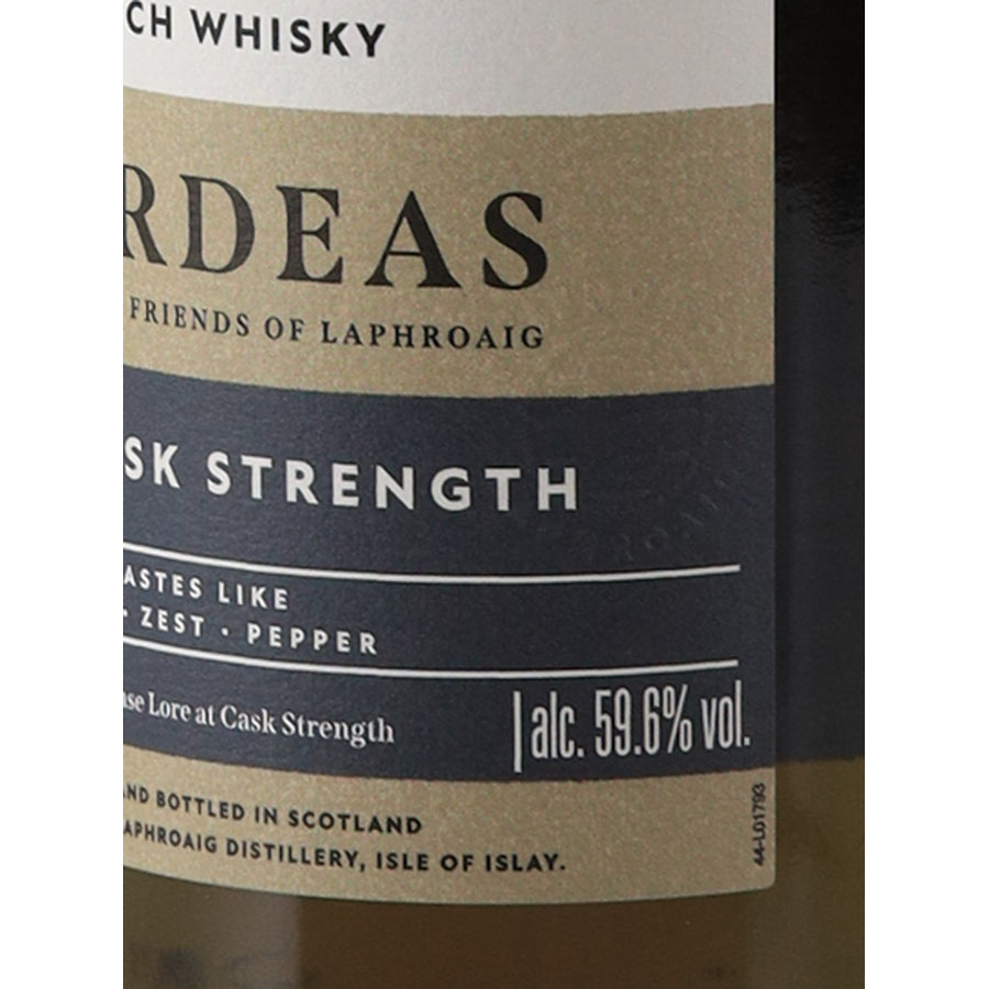 Laphroaig Cairdeas 2025 Lore Cask Strength 59.6% 700ml Islay Scotch whisky - label strength detail