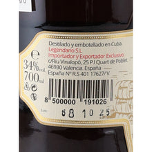 Load image into Gallery viewer, Legendario Elixir de Cuba 7 Year Old barcode and importer label close-up