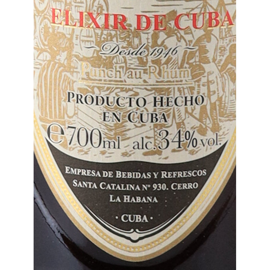 Legendario Elixir de Cuba 7 Year Old label detail showing made in Cuba, 700ml and 34% alcohol