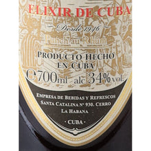 Load image into Gallery viewer, Legendario Elixir de Cuba 7 Year Old label detail showing made in Cuba, 700ml and 34% alcohol