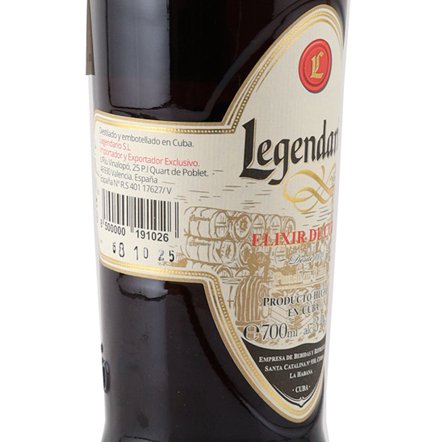 Legendario Elixir de Cuba 7 Year Old left label view with barcode and importer information