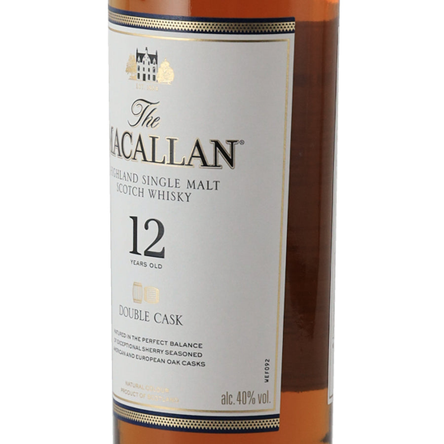 The Macallan 12 Year Old Double Cask whisky, right angle of the front label
