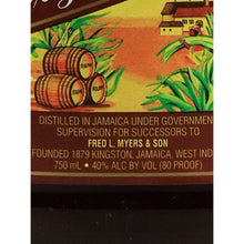 Load image into Gallery viewer, Myers's Original Dark Jamaican Rum PET Bottle 750ml - 750ml, 40% ABV and Jamaican origin label detail