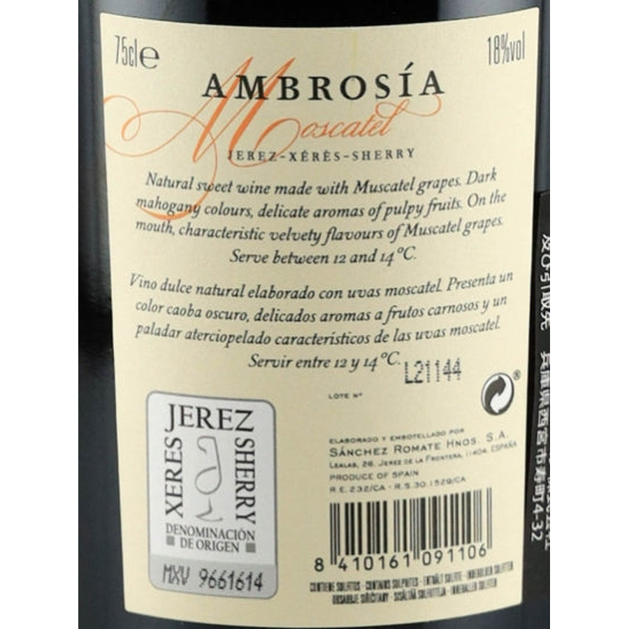 Sanchez Romate Moscatel Ambrosia Sherry 18% 750ml - back label