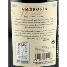 Load image into Gallery viewer, Sanchez Romate Moscatel Ambrosia Sherry 18% 750ml - back label