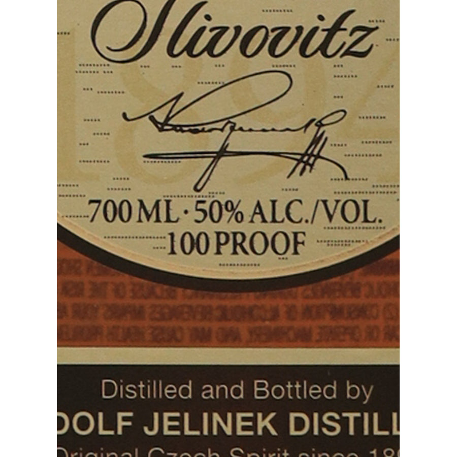 Rudolf Jelinek Gold Slivovitz 10 Year Old Plum Brandy 700ml - volume and distillery label detail