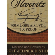Load image into Gallery viewer, Rudolf Jelinek Gold Slivovitz 10 Year Old Plum Brandy 700ml - volume and distillery label detail