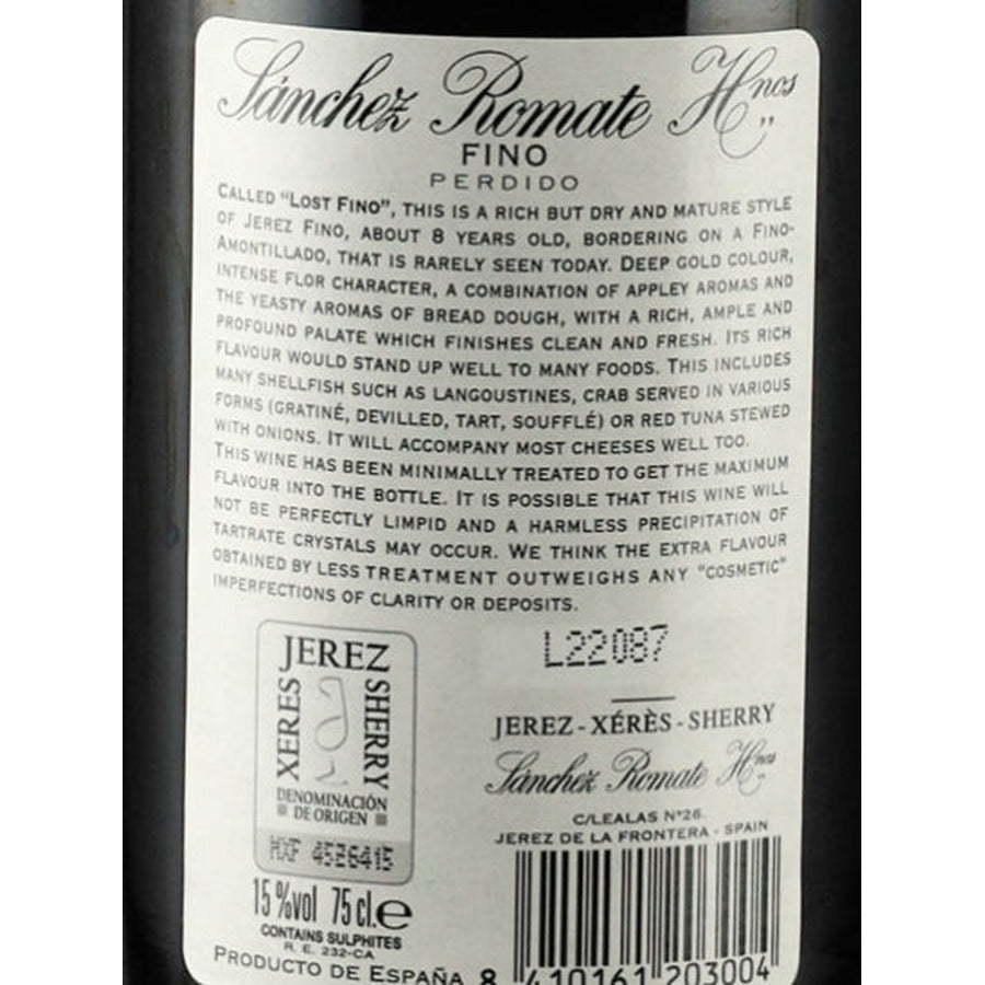 Sanchez Romate Fino Perdido Jerez Sherry 15% 750ml - back label