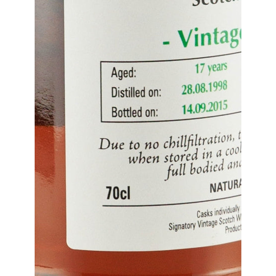 Signatory Vintage Glenlivet 17 Year Old 1998 single malt whisky label close-up showing distilled 28 August 1998 and bottled 14 September 2015