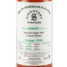 Load image into Gallery viewer, Signatory Vintage Glenlivet 17 Year Old 1998 single malt whisky front label showing vintage 1998 and 17 years