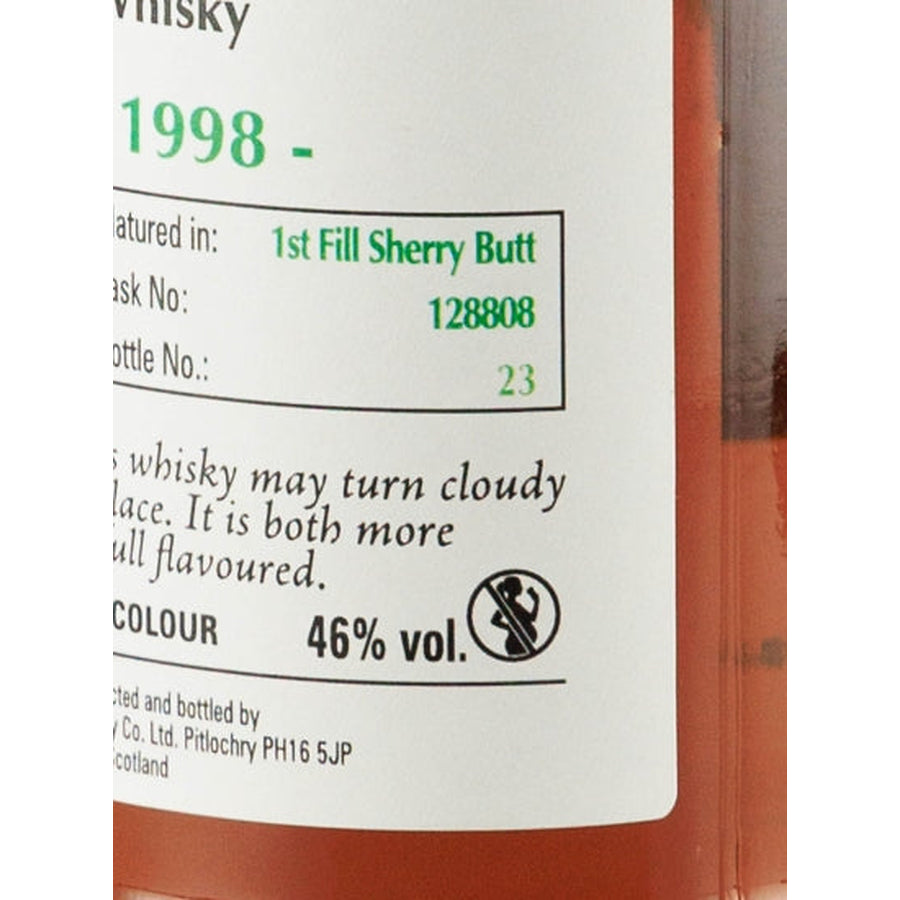 Signatory Vintage Glenlivet 17 Year Old 1998 single malt whisky label close-up showing first-fill sherry butt 128808, bottle 23 and 46% alcohol