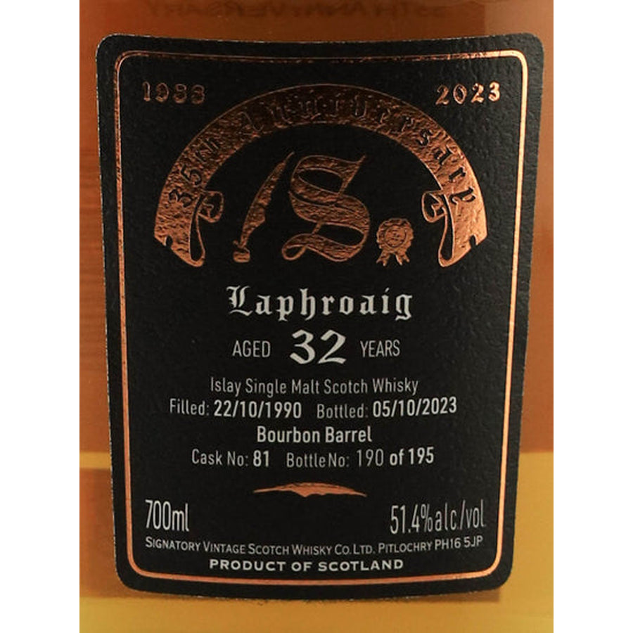 Signatory Laphroaig 32 Year Old 1990 35th Anniversary Single Malt Scotch Whisky 51.4% 700ml - front label