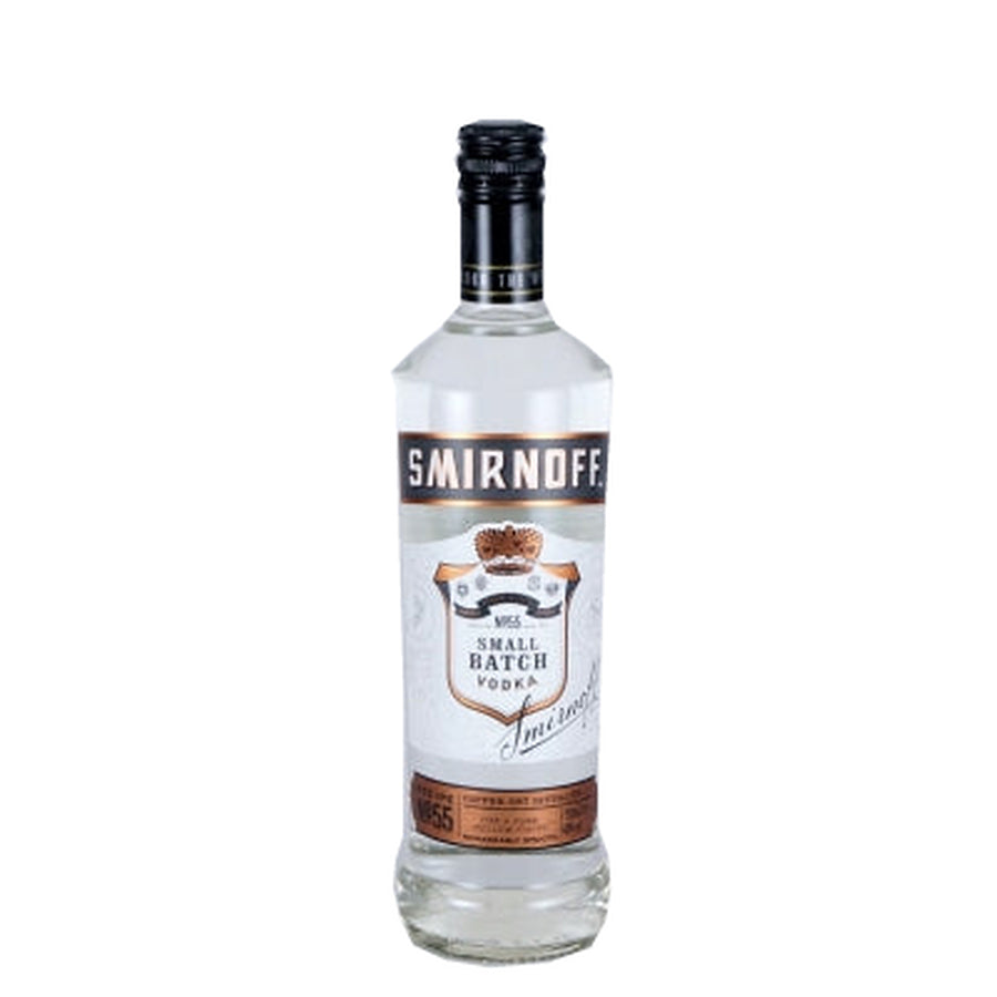 Smirnoff Black Small Batch Vodka clear bottle, front view with black cap
