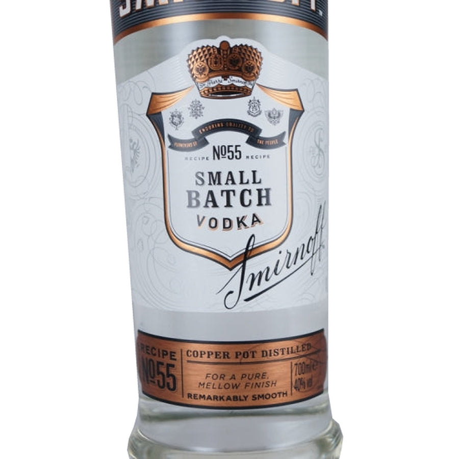 Smirnoff Black Small Batch Vodka front label close-up showing Recipe No. 55 and Copper Pot Distilled