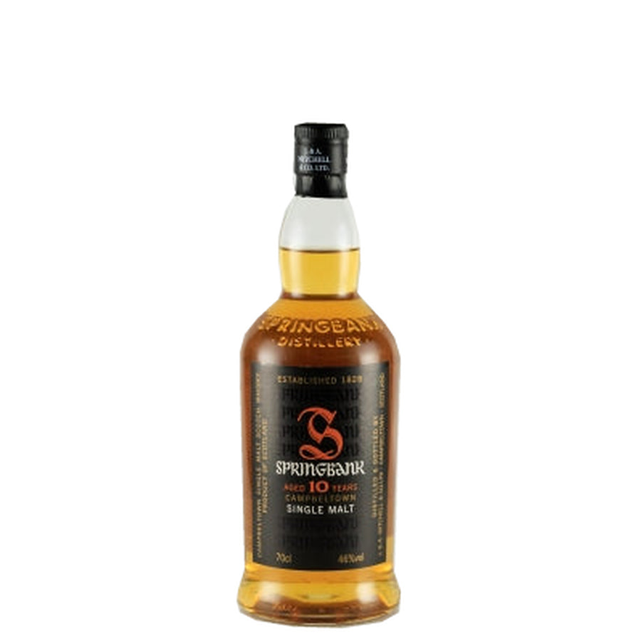Springbank 10 Year Old single malt whisky bottle, front view with old black label