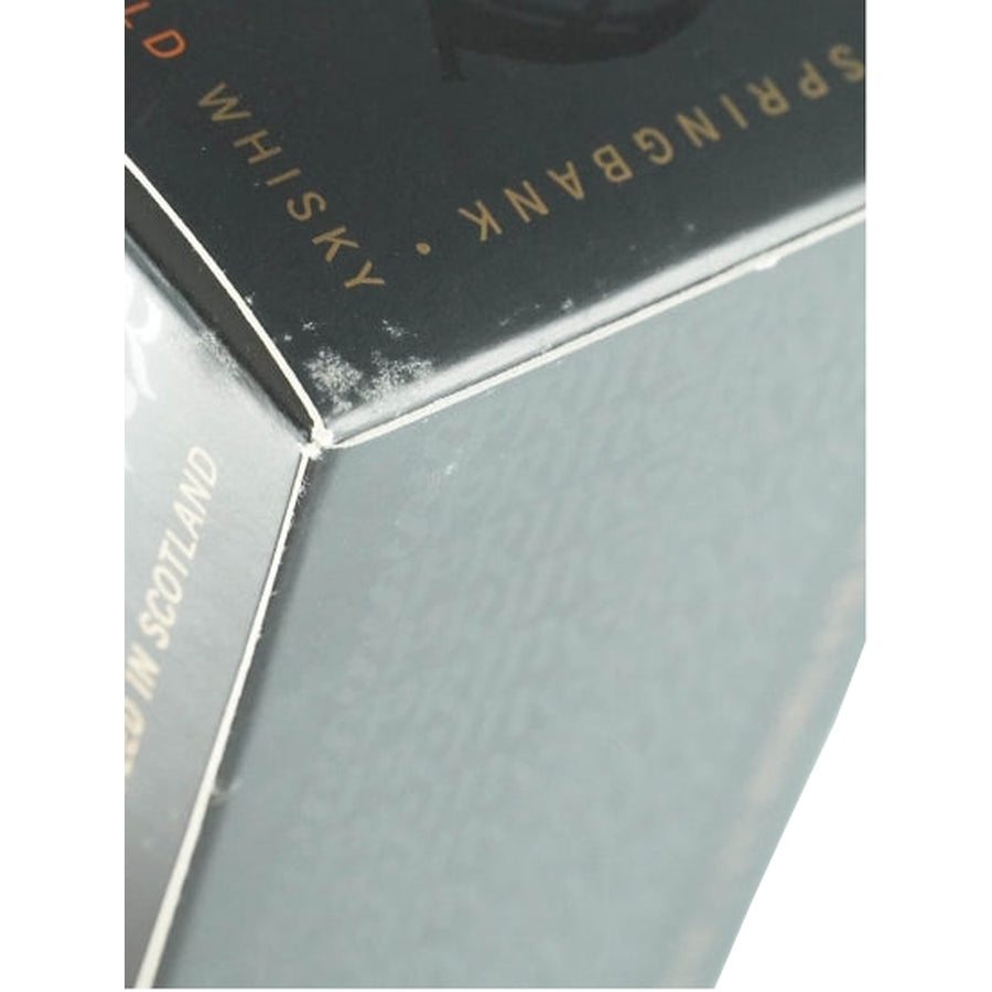 Springbank 10 Year Old single malt whisky close-up showing wear on a presentation box corner