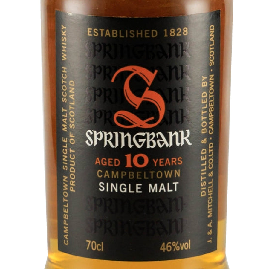 Springbank 10 Year Old single malt whisky old front label showing 10 years, 70cl and 46% alcohol