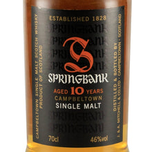 Load image into Gallery viewer, Springbank 10 Year Old single malt whisky old front label showing 10 years, 70cl and 46% alcohol