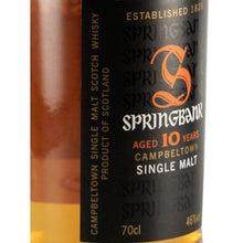 Load image into Gallery viewer, Springbank 10 Year Old single malt whisky left-side view of the old front label