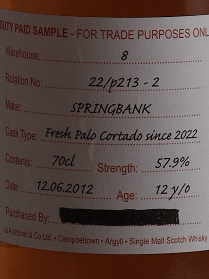 Springbank 12 Year Old 2012 Palo Cortado Duty Paid Sample - Bottle Of Japan