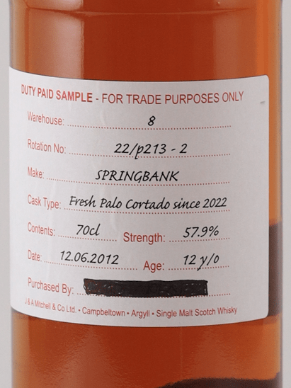 Springbank 12 Year Old 2012 Palo Cortado Duty Paid Sample - Bottle Of Japan