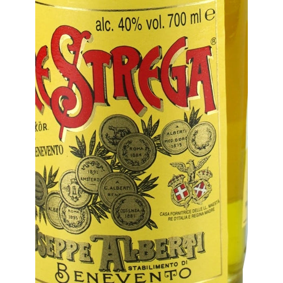 Strega liqueur label detail showing 40% ABV, 700ml size and medals
