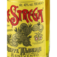 Load image into Gallery viewer, Strega liqueur label detail showing 40% ABV, 700ml size and medals