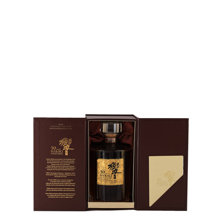 Suntory Hibiki 30 Year Old Japanese whisky, bottle inside its open presentation case