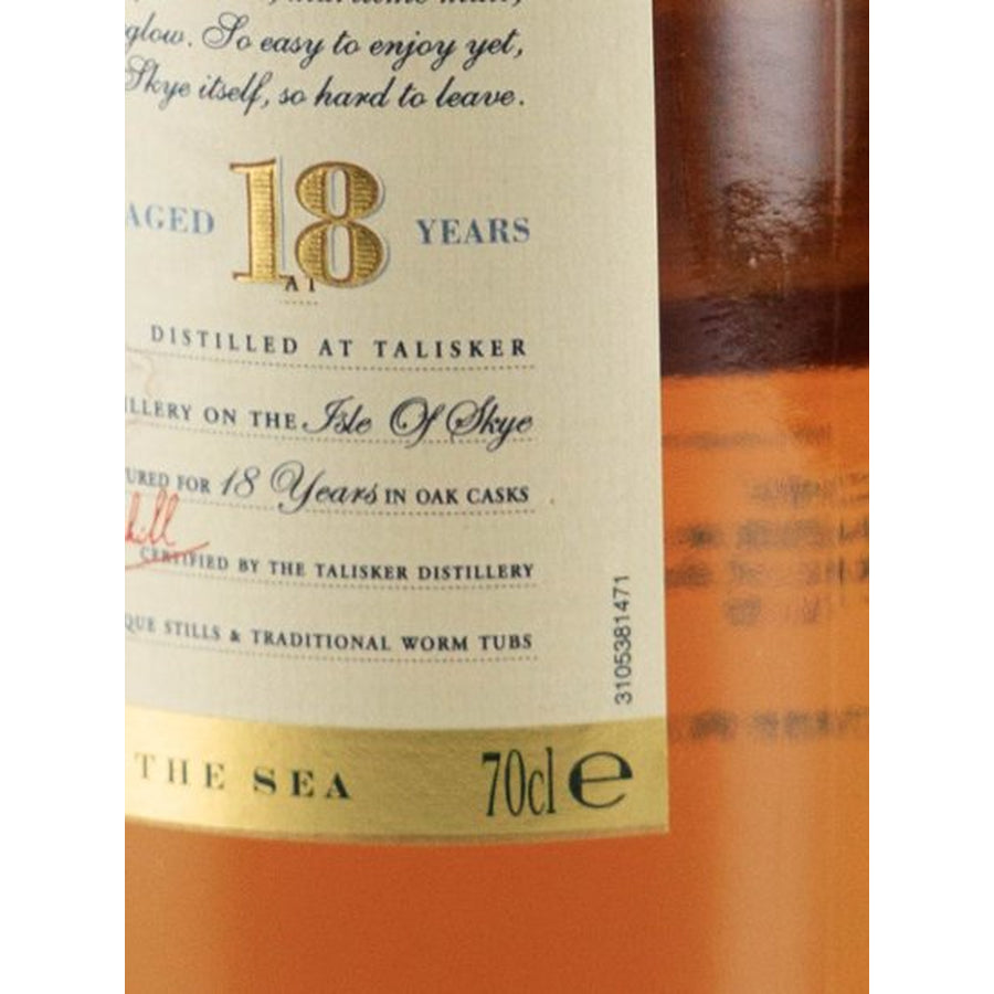Talisker 18 Year Old label detail showing age statement and 70cl size