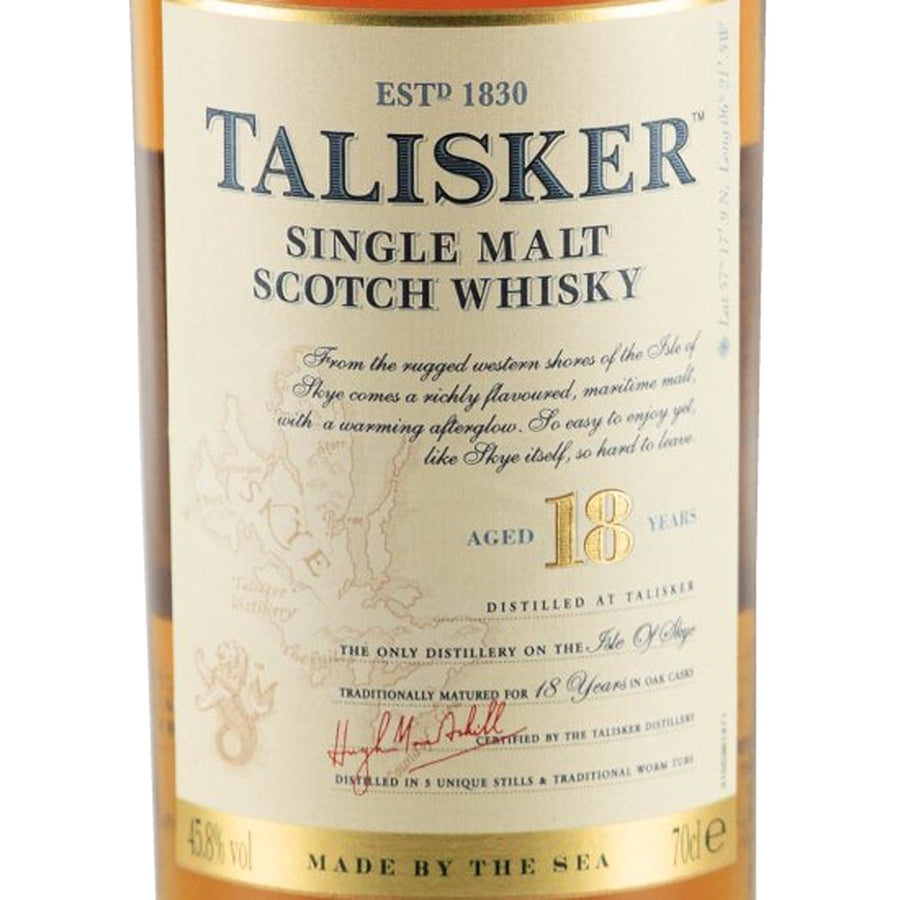 Talisker 18 Year Old whisky front label showing Isle of Skye origin