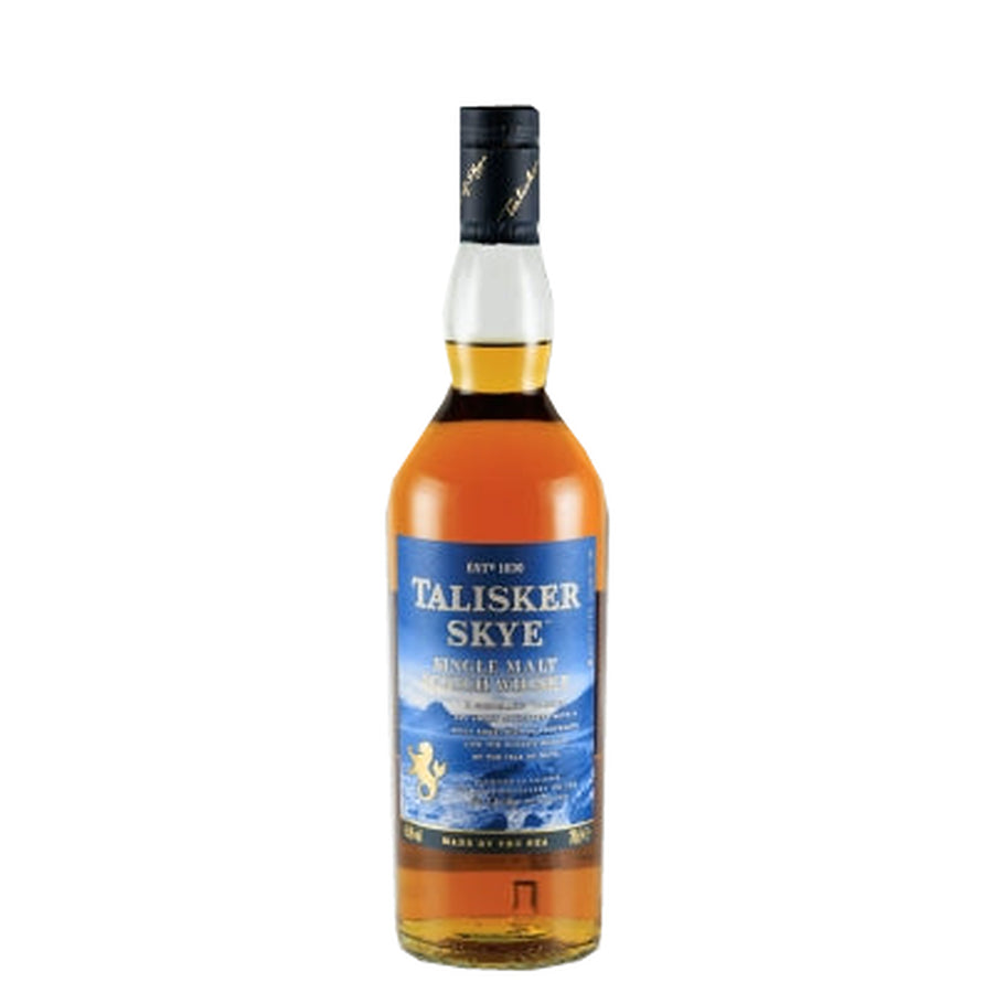 Talisker Skye single malt Scotch whisky bottle, front view with blue Skye label