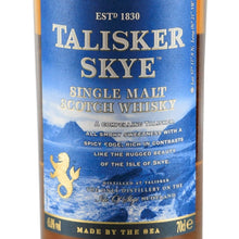 Load image into Gallery viewer, Talisker Skye single malt Scotch whisky blue front label with gold Talisker Skye lettering