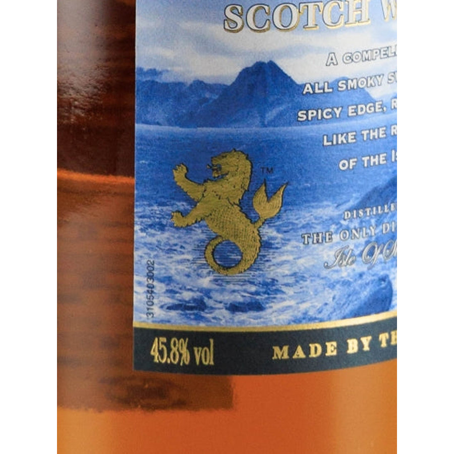 Talisker Skye single malt Scotch whisky label close-up showing 45.8% alcohol by volume and the gold sea dragon